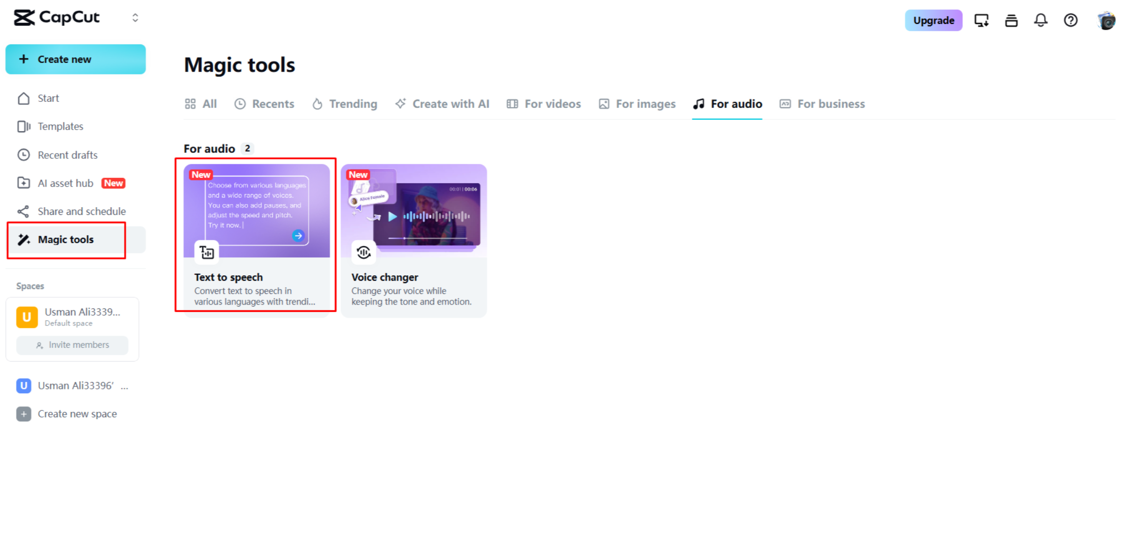 Opening the text to speech tool in CapCut Web