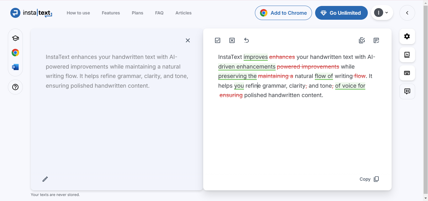 Interface of InstaText - the excellent tool to write text online in handwritten form
