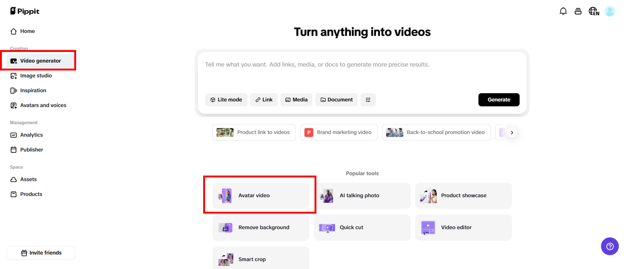 Selecione Avatar video em Video generator