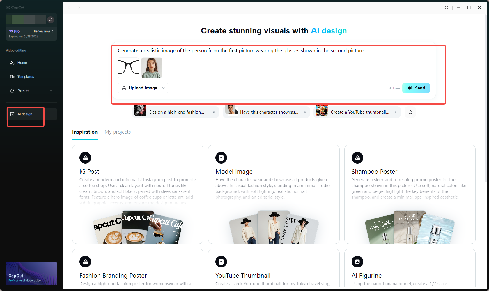 Accessing the AI design feature and importing images in CapCut