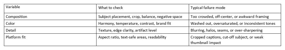 Table listing composition, color, detail, and platform fit with checks and typical failure modes