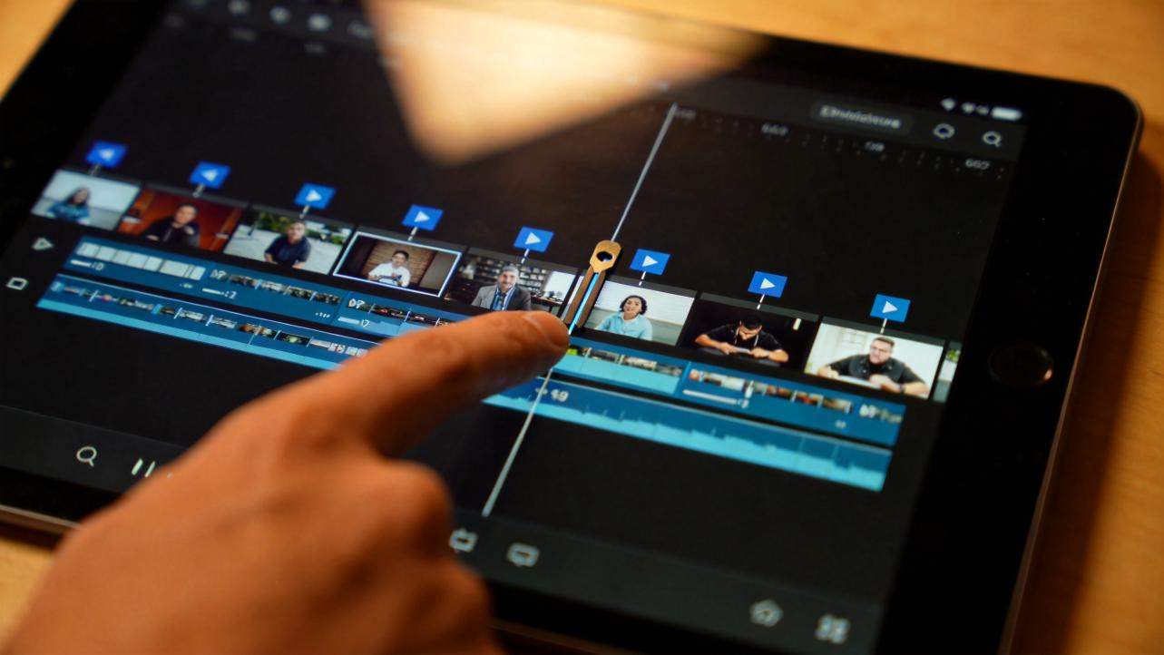 Hand editing a video timeline on a tablet with multiple clips and a playhead