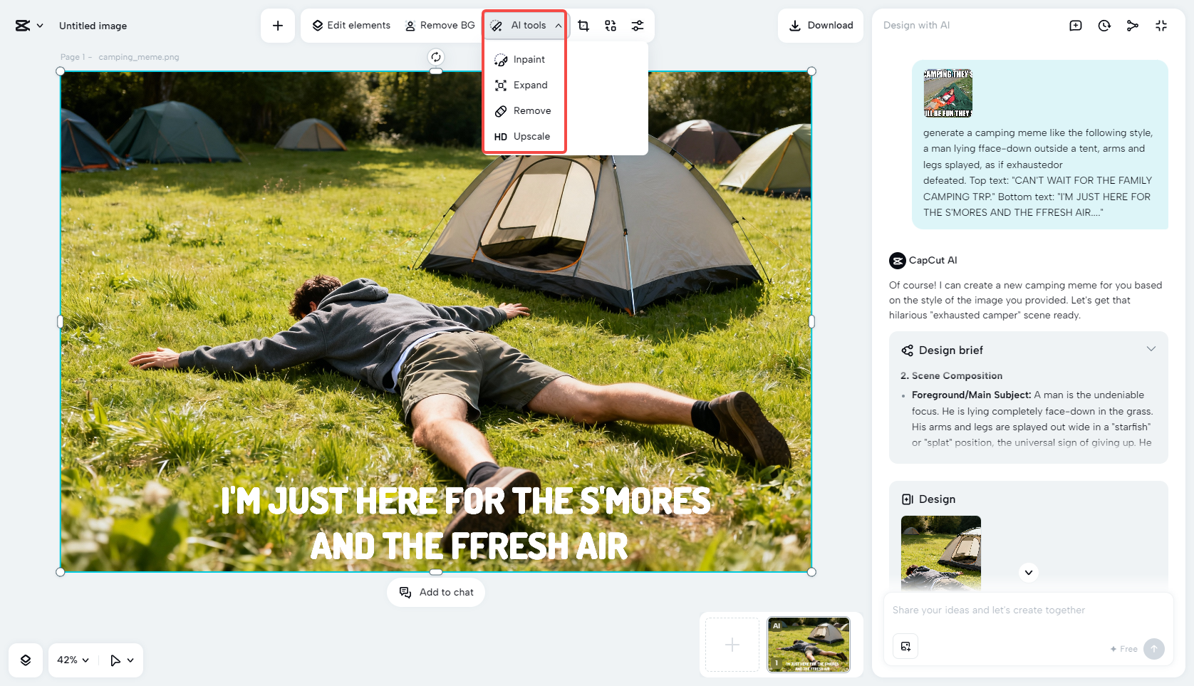 Polish the camping meme with AI tools