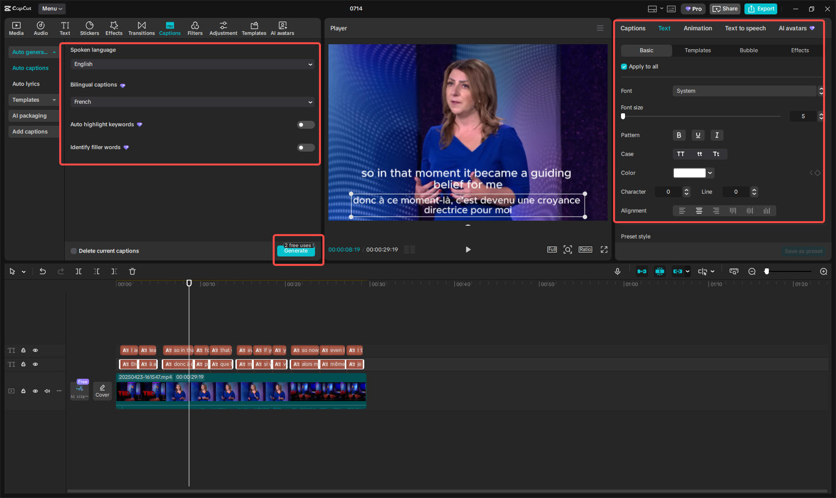 Translate English to French and edit the captions