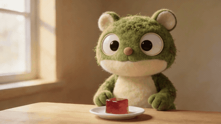 Small cozy 3D creature performs a gentle animated movement in the finished five-second clip.
