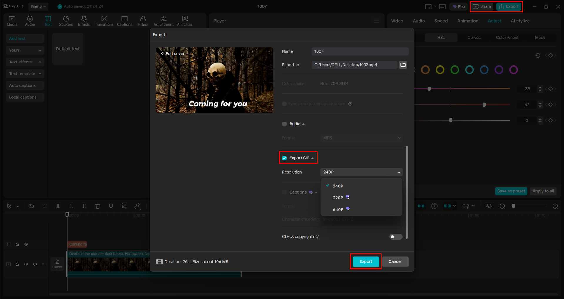 Editing the video as a Halloween GIF from the CapCut desktop video editor