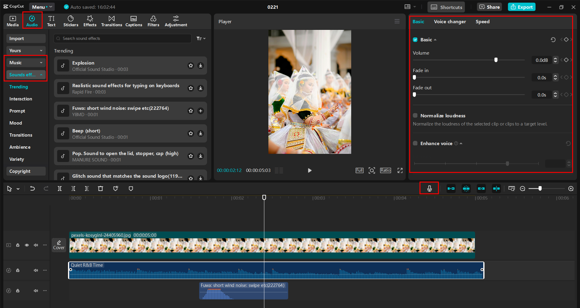 Interface of the CapCut desktop video editor - adding music and sound effects to the reel