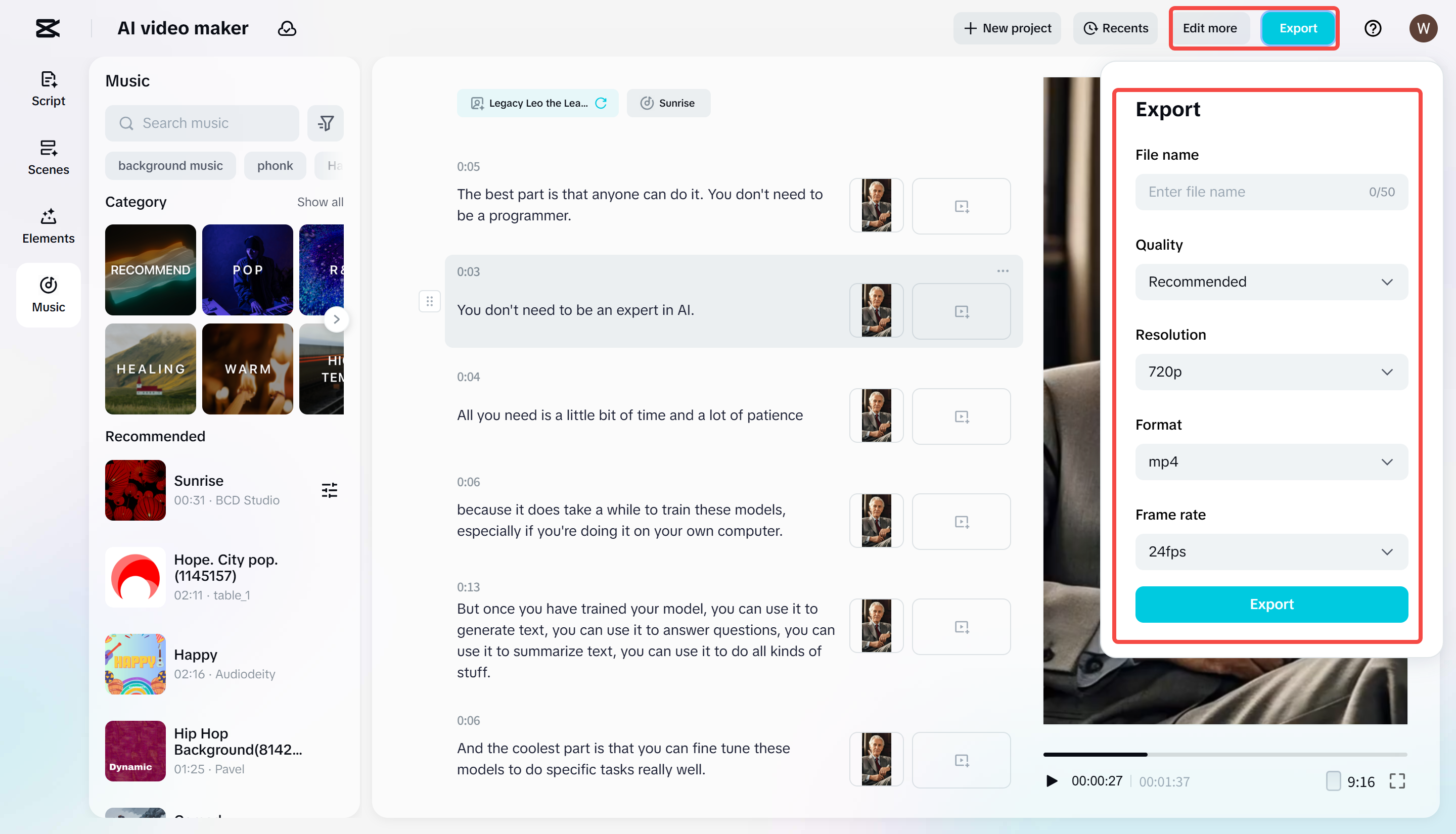Exporting a video from CapCut Web