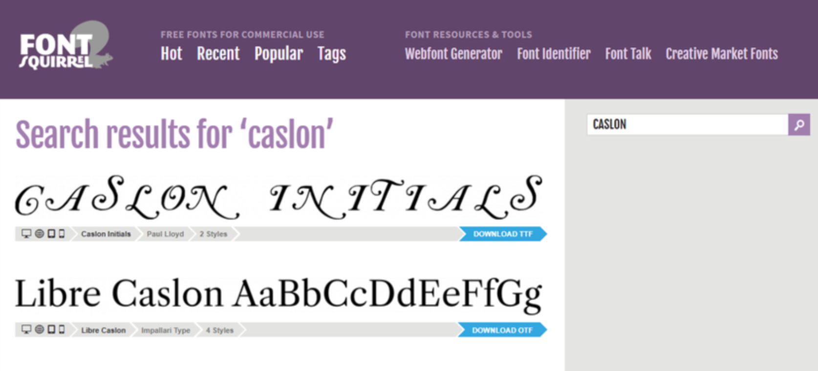 Interface of Font Squirrel - a good site to download Caslon fonts