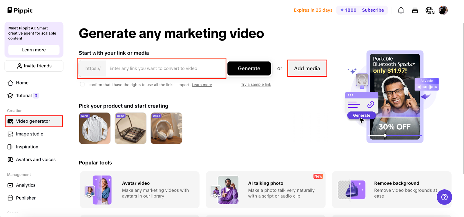 Generate content from product links or media