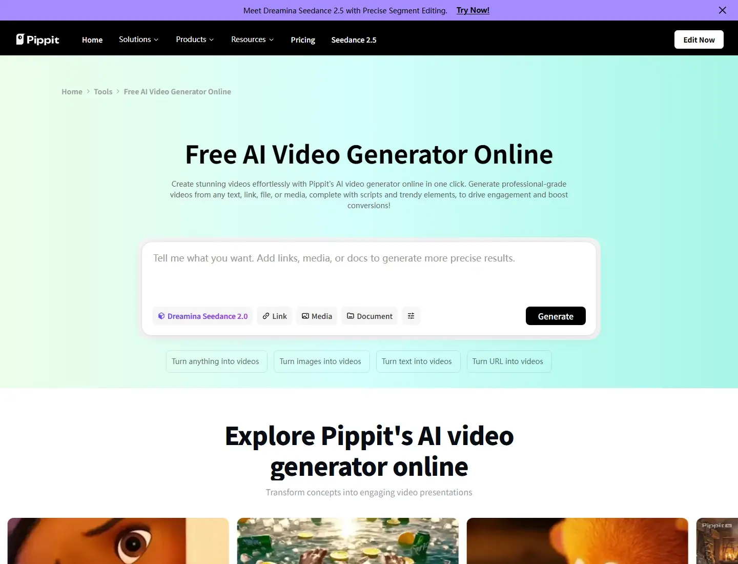 Pippit AI video generator page showing the prompt field, media and document inputs, model control, and Generate button.