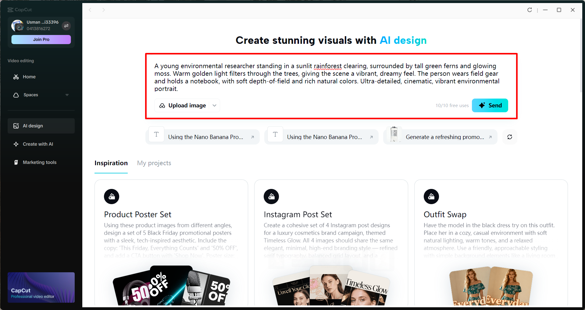 Opening the AI design tool in the CapCut desktop video editor