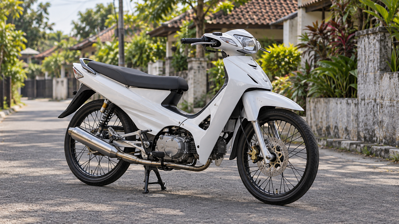 Original white stripped-back underbone with thin black saddle, exposed central mechanical structure and slender black spoked wheels, parked on a quiet tropical residential roadside in daylight, complete side three-quarter view.