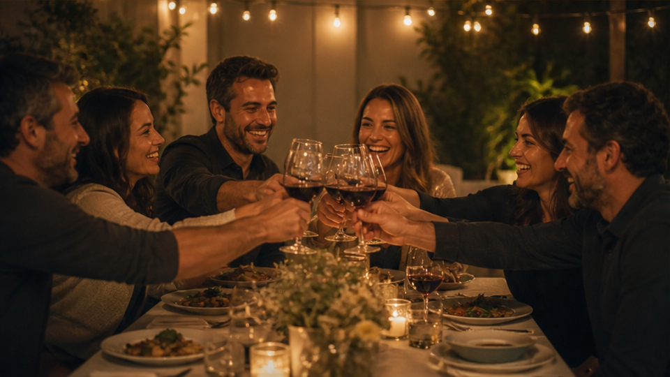 18th Anniversary Video prompt example 3 - Friends Raising Glasses Beneath Warm String Lights
