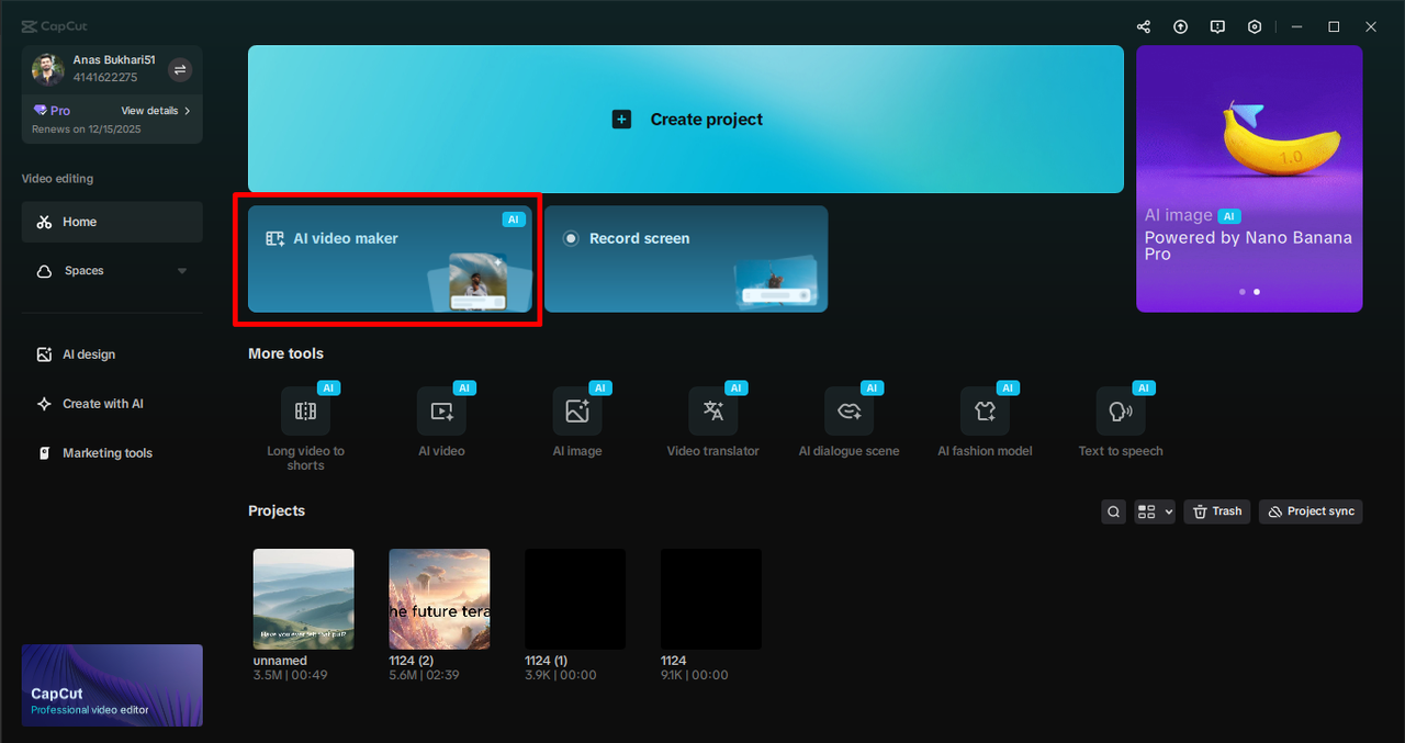 Accessing the AI video maker in CapCut desktop video editor