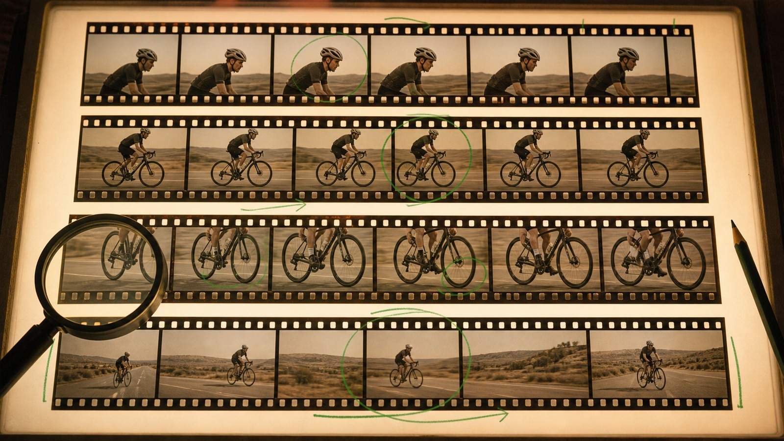 Contact sheets of cyclist frames with green circles, arrows, and a magnifying glass