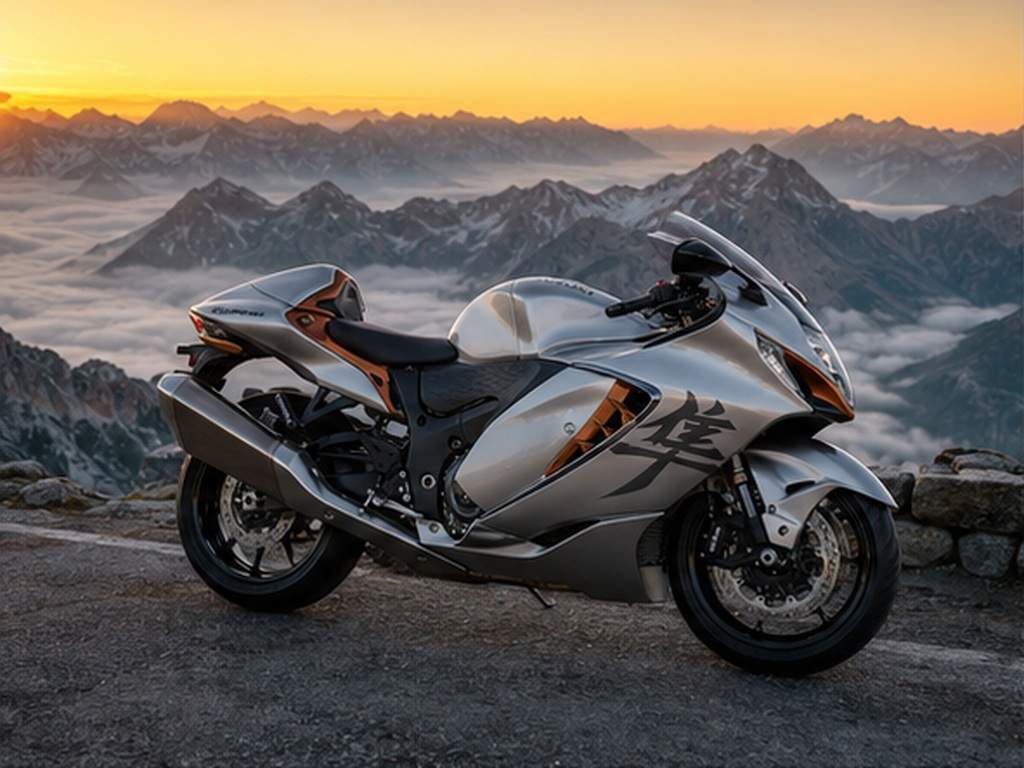 Suzuki Hayabusa AI Eingabeaufforderung Beispiel 1 - Alpine sunrise road