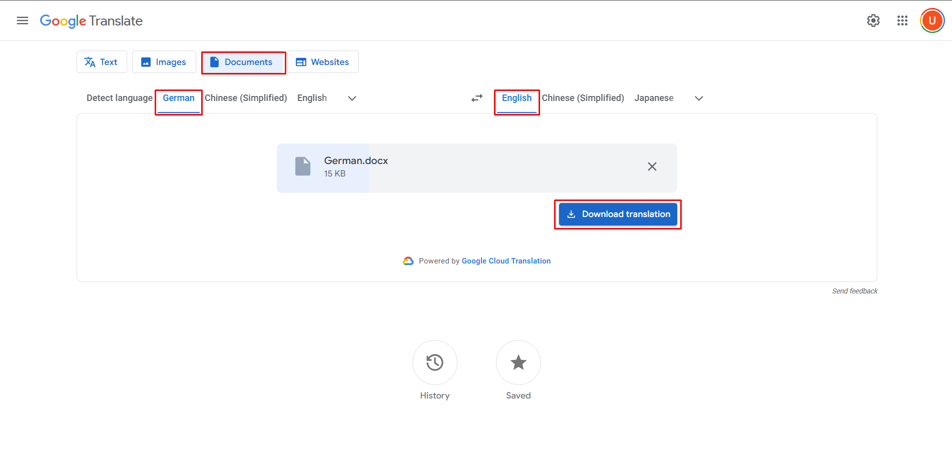 Showing how to translate a German document to English with Google Translate