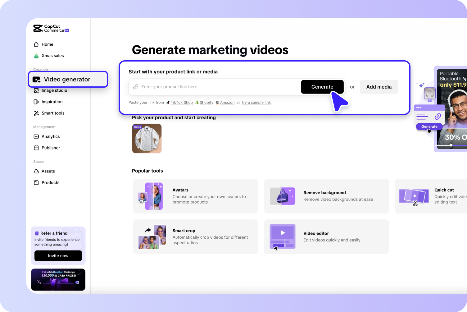 Pippit interface showing the Link to Video feature with a product URL being entered, and options for language selection and aspect ratio visible.