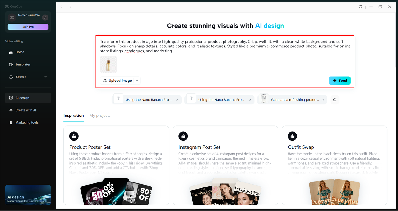 Converting a photo to product photography with CapCut's AI design 