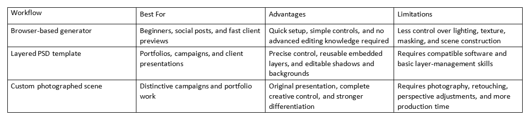 Table comparing browser-based generator, layered PSD template, and custom photographed scene for poster mockups