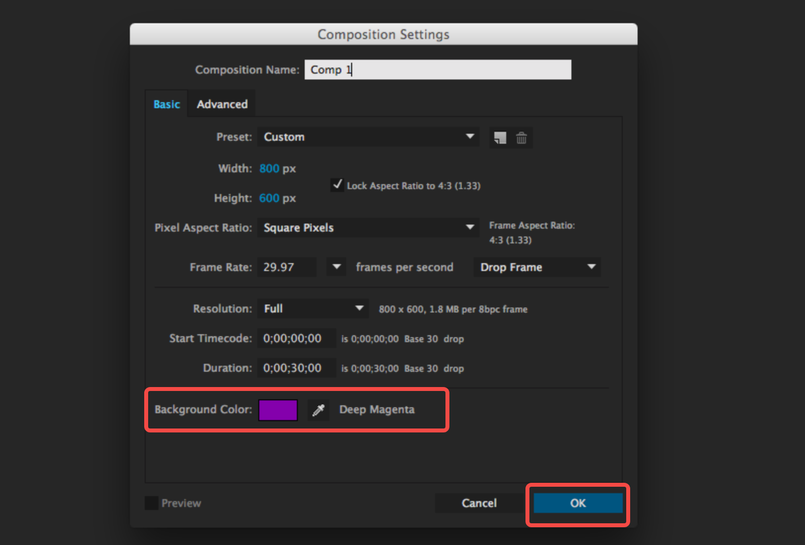 Showing how to change composition background color in After Effects