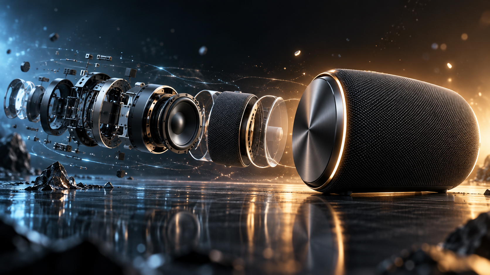 Unbranded speaker assembling into a polished final product reveal