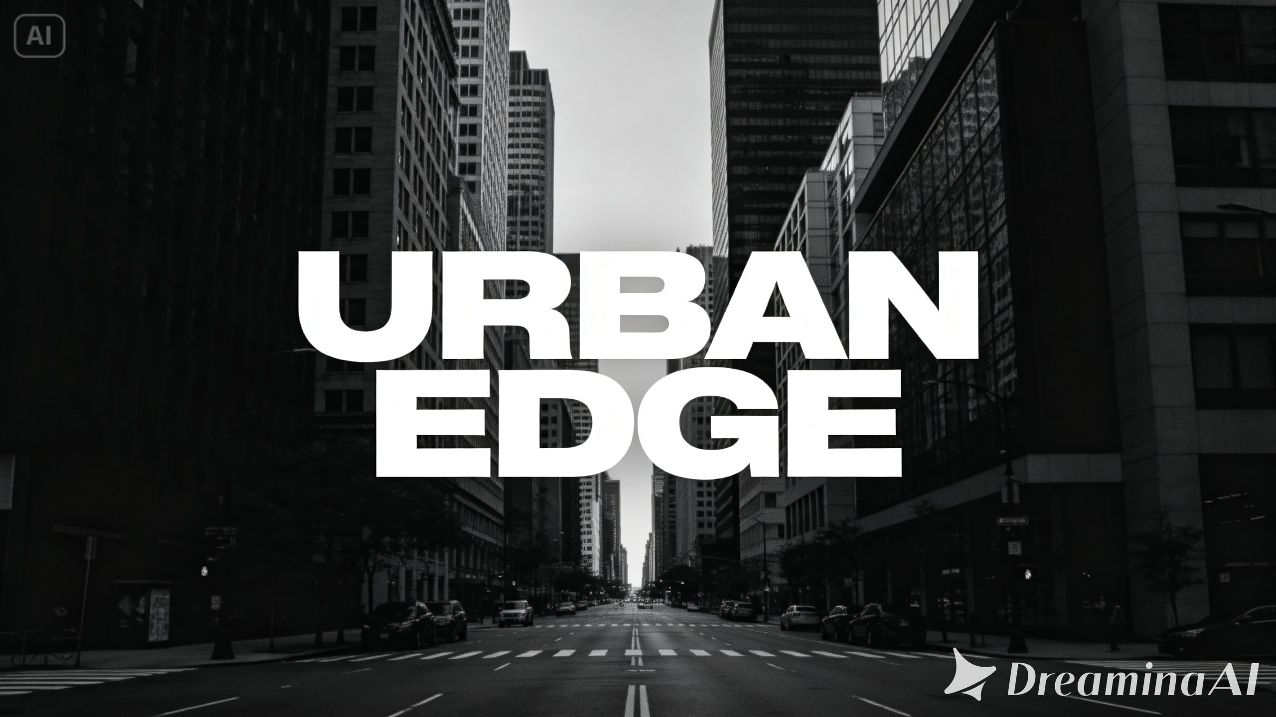 흑백 도시 사진을 배경으로 한 스트리트웨어 로고