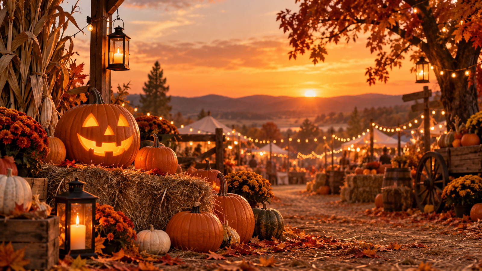 Pumpkin festival poster: Warm autumn pumpkin festival poster artwork with lanterns and hay bales, strong focal image and blank headline space, no text