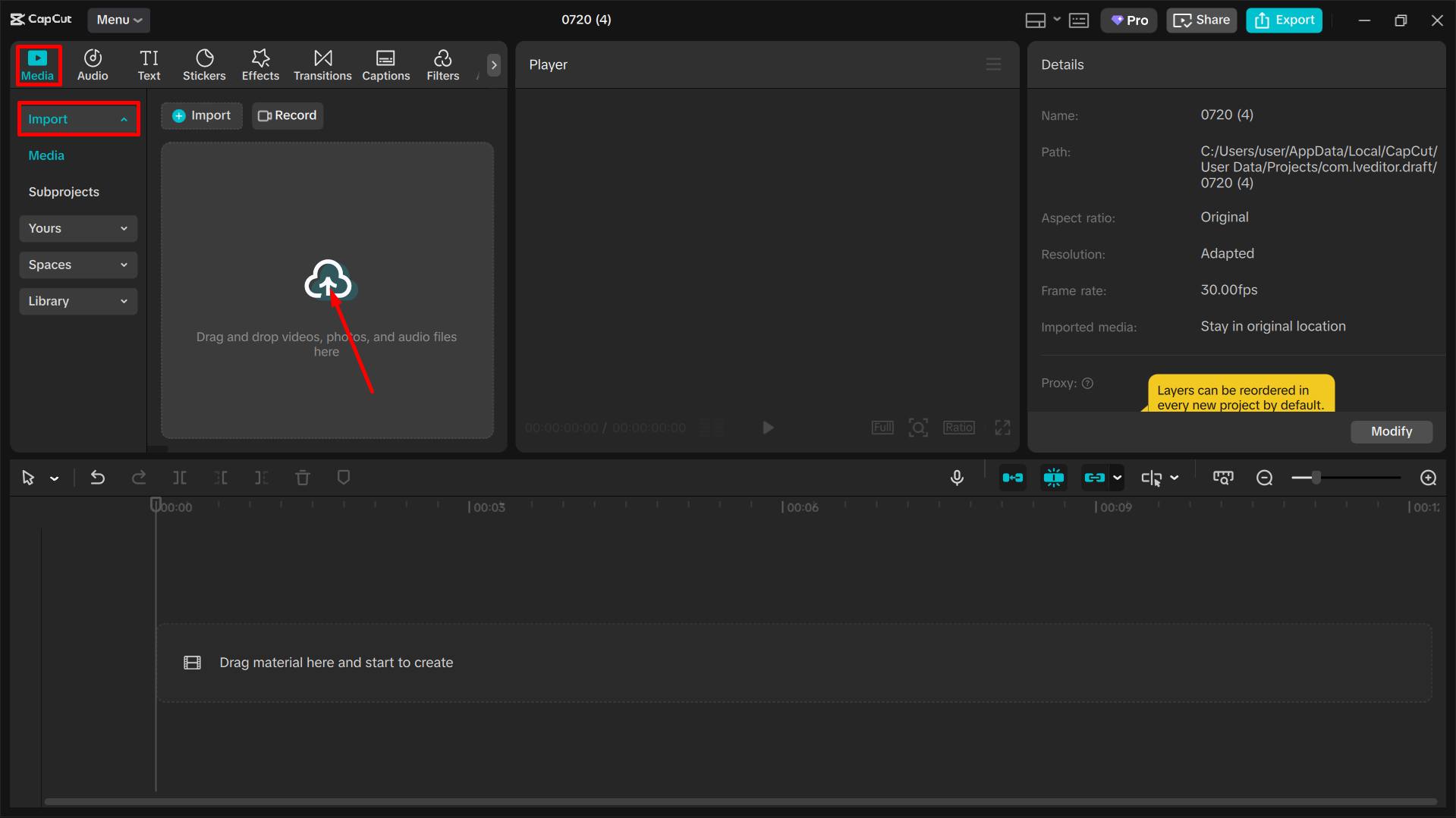 Importing video in the editing interface of CapCut