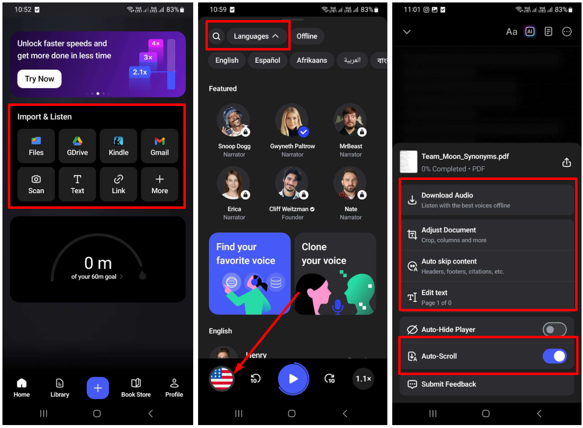 Interface showing how to use Speechify text to speech app