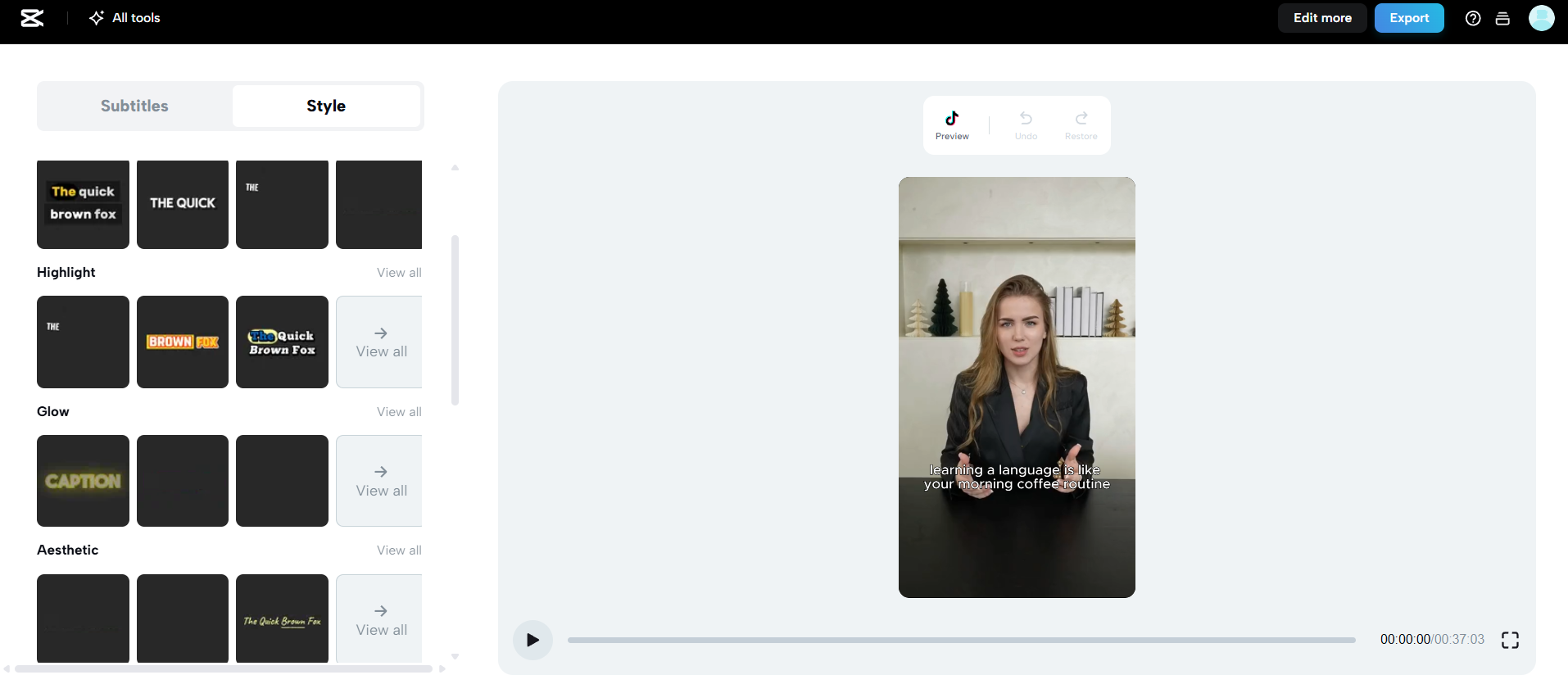 Style presets for captions