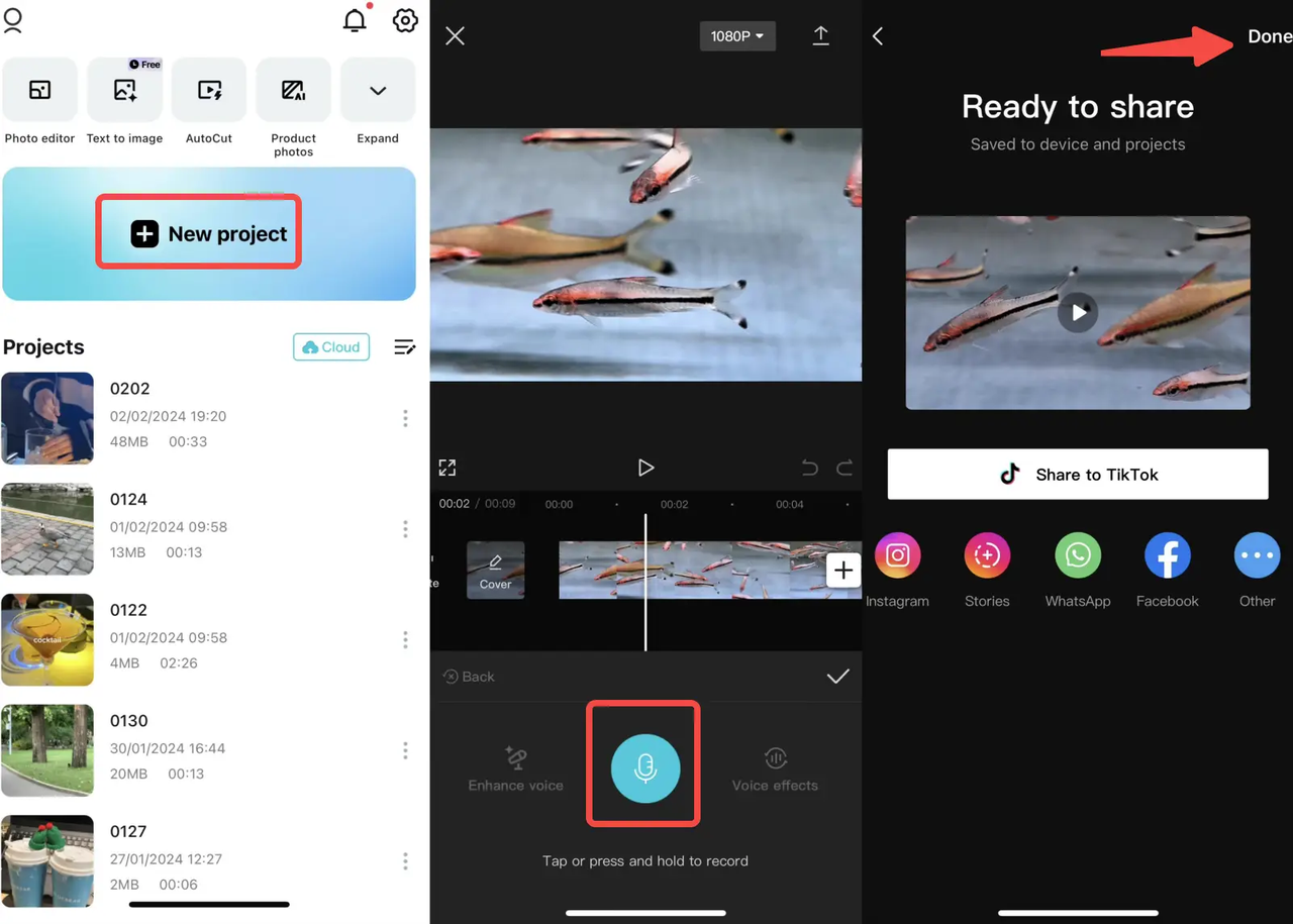 How to record audio on the CapCut mobile voice recorder on iPhone