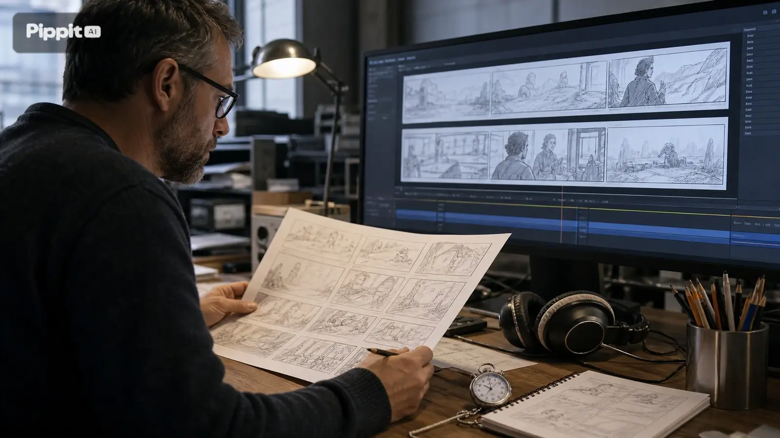 Homme examinant des croquis de storyboard sur un bureau à côté d'un moniteur affichant des panneaux de storyboard