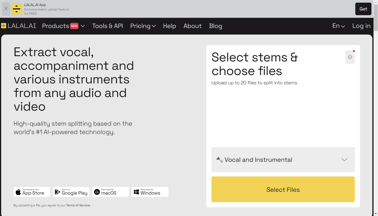 LALAL.AI website interface showing the upload and stem separation options