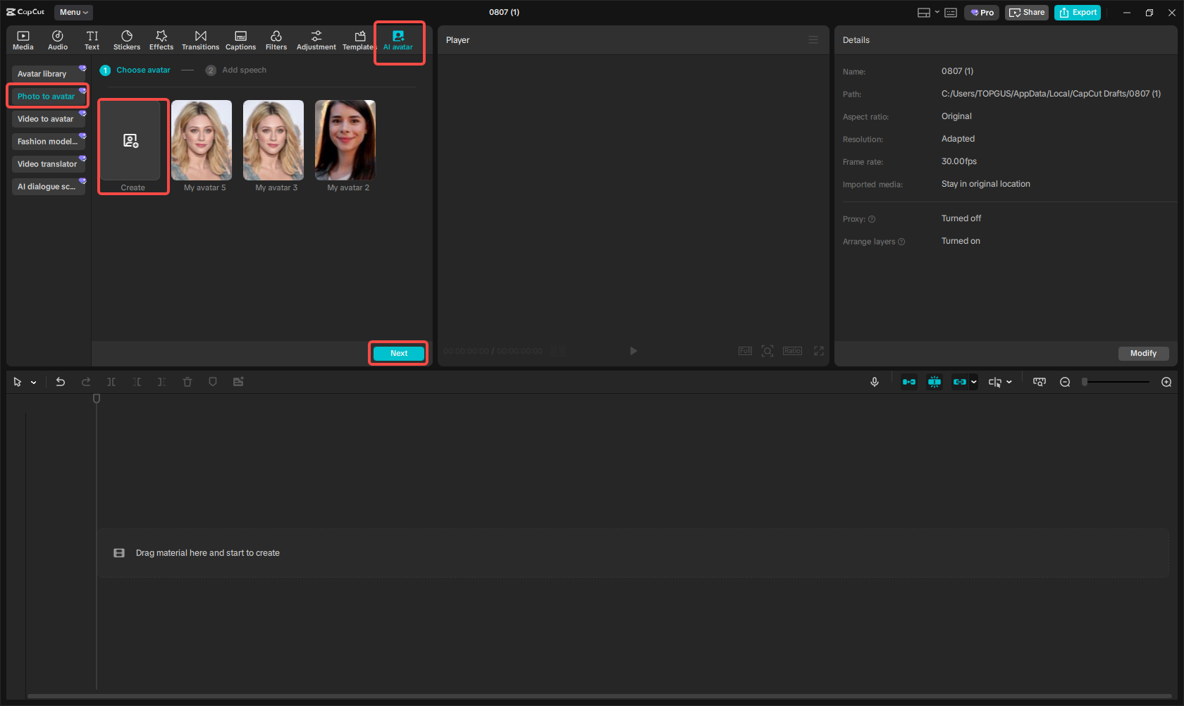 Acesse a opção "Foto para avatar" no CapCut