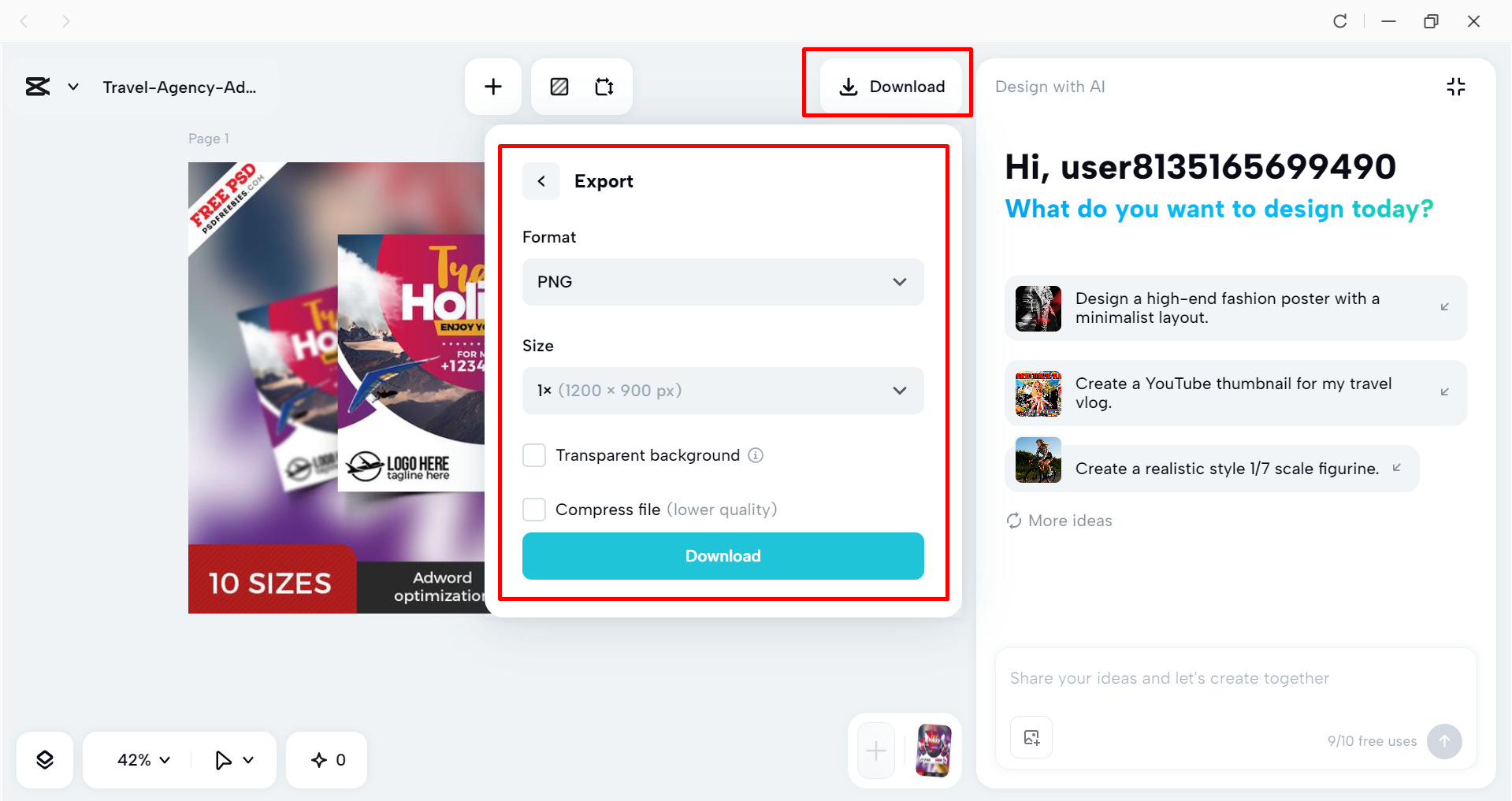 Downloading a PSD file from the CapCut desktop video editor