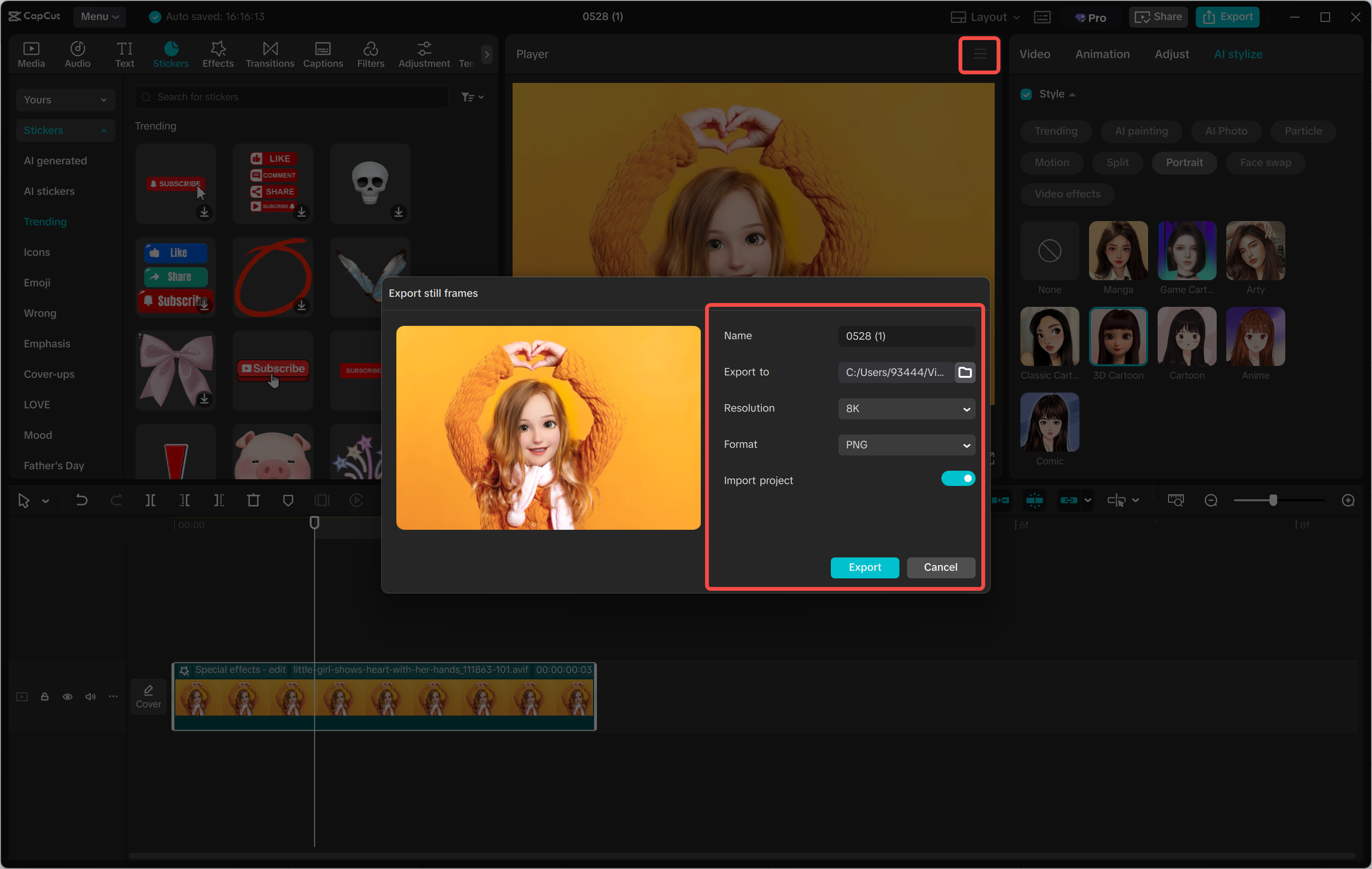 Export image in the CapCut desktop video editor