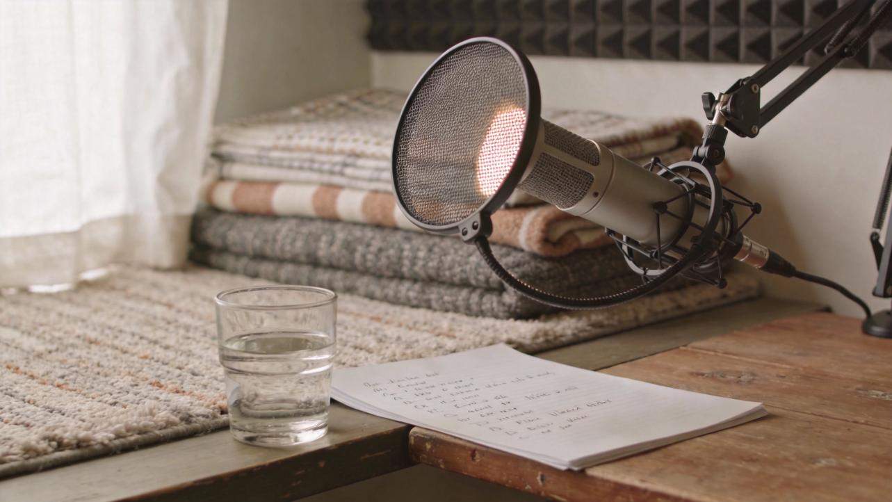 Microphone on a boom arm beside a glass of water and a handwritten script on a desk