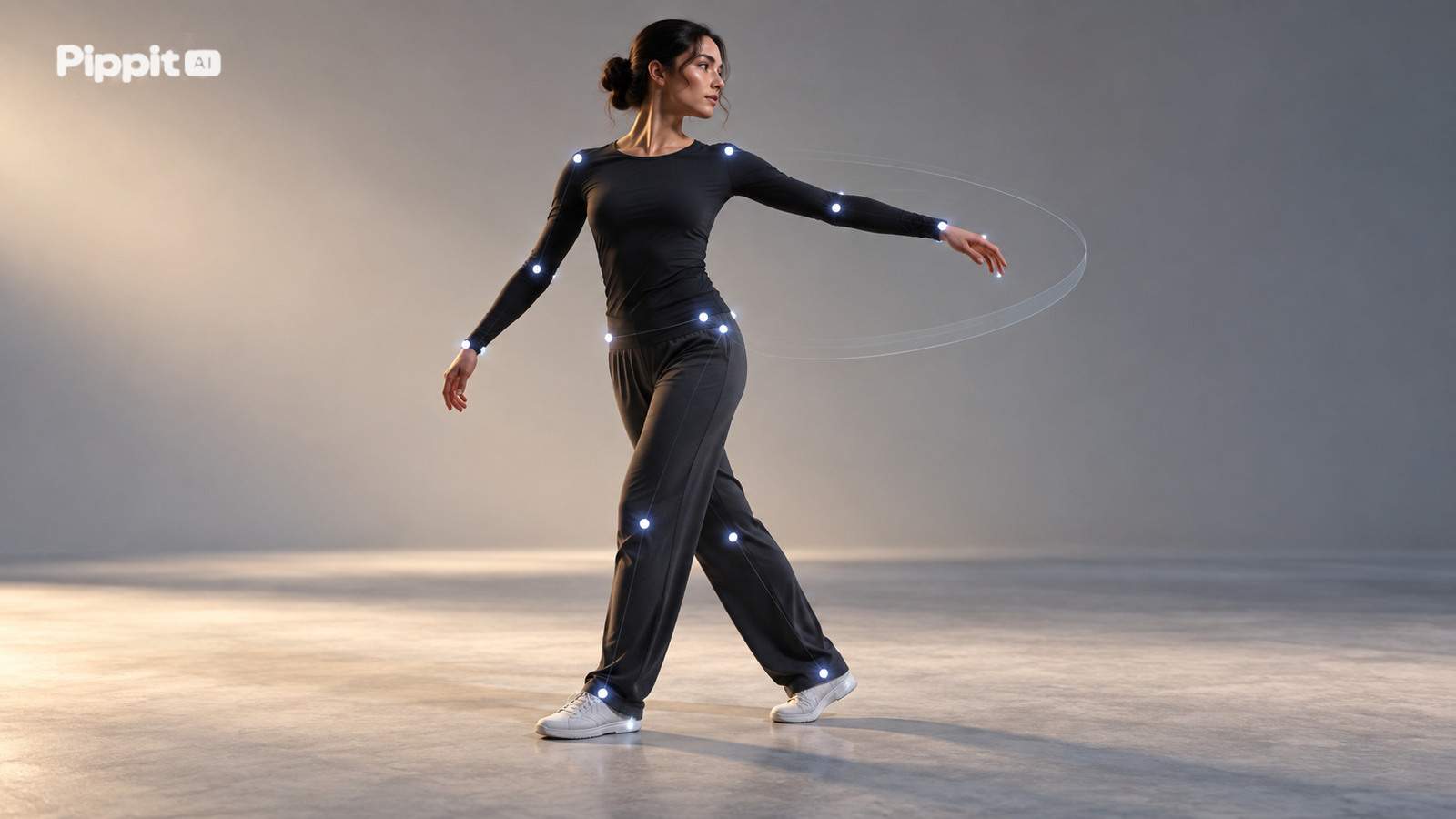 A fully clothed adult performer holds a simple turning pose as small light points mark visible joints and both feet.
