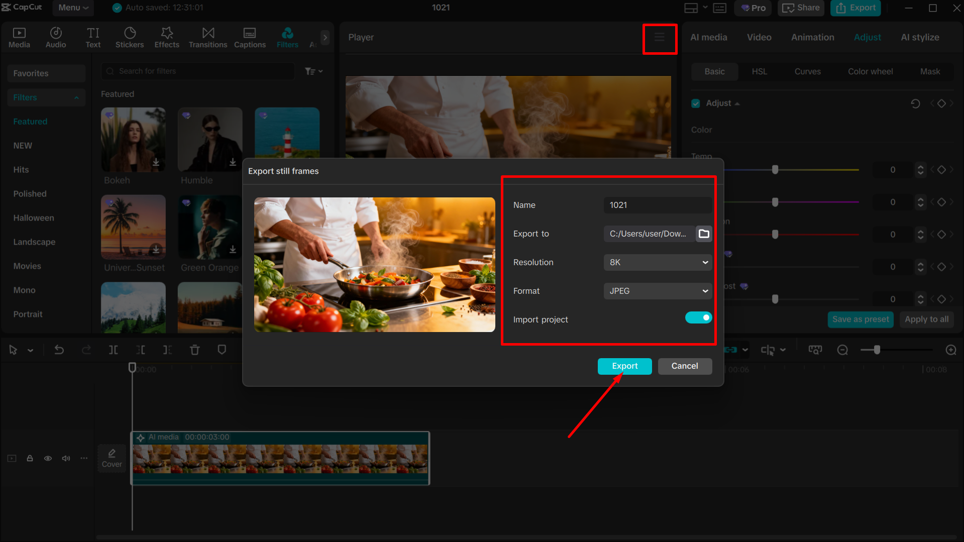 Exporting the image from the CapCut desktop video editor