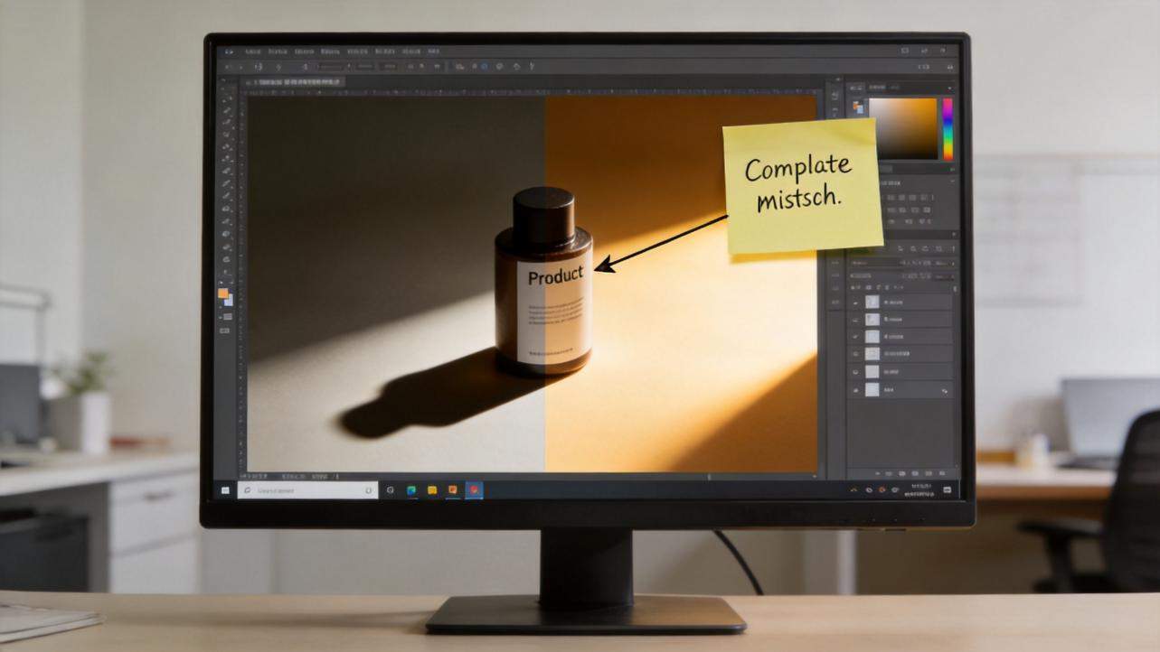 Computer monitor showing a product photo with a split background and a sticky note reading "Complate mistsch."