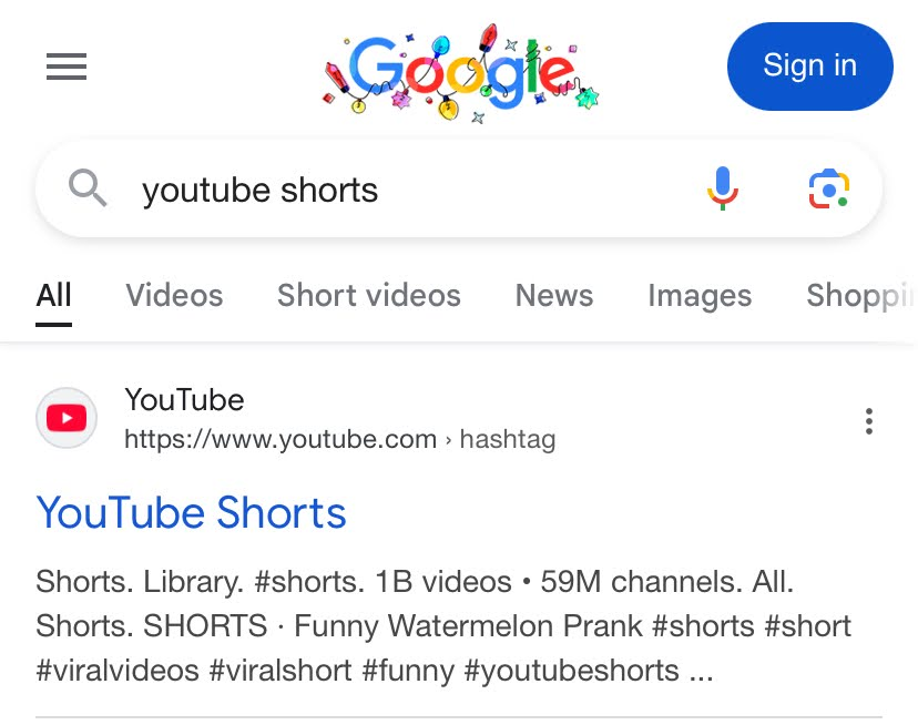 อินเทอร์เฟซแสดงแท็บวิดีโอสั้นของ Google