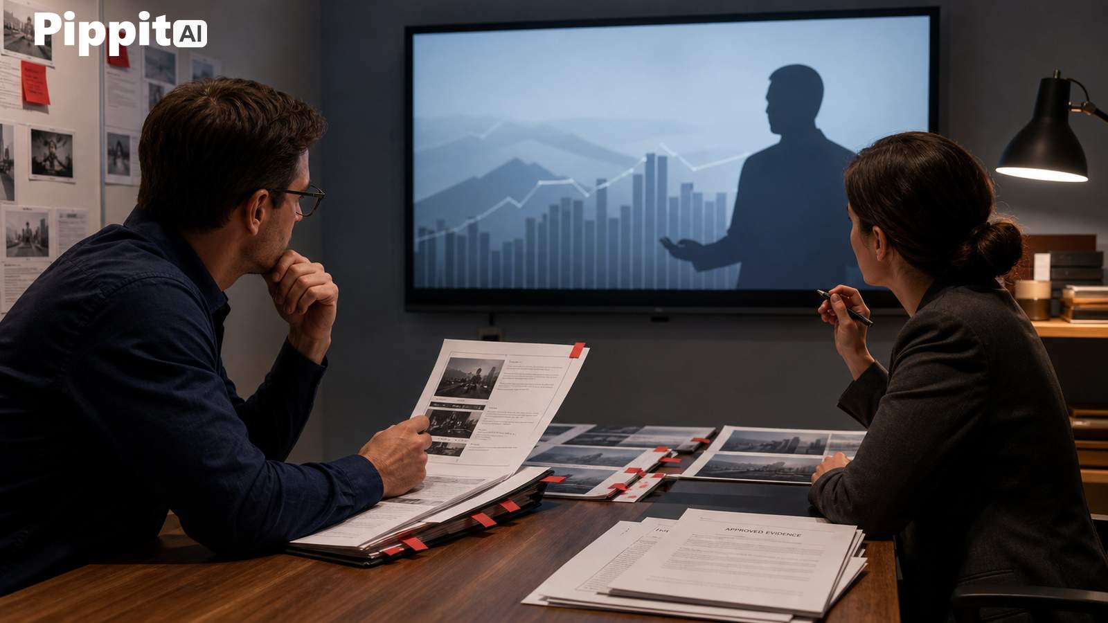 Two people review reports while a screen shows a presenter silhouette and rising bar chart.