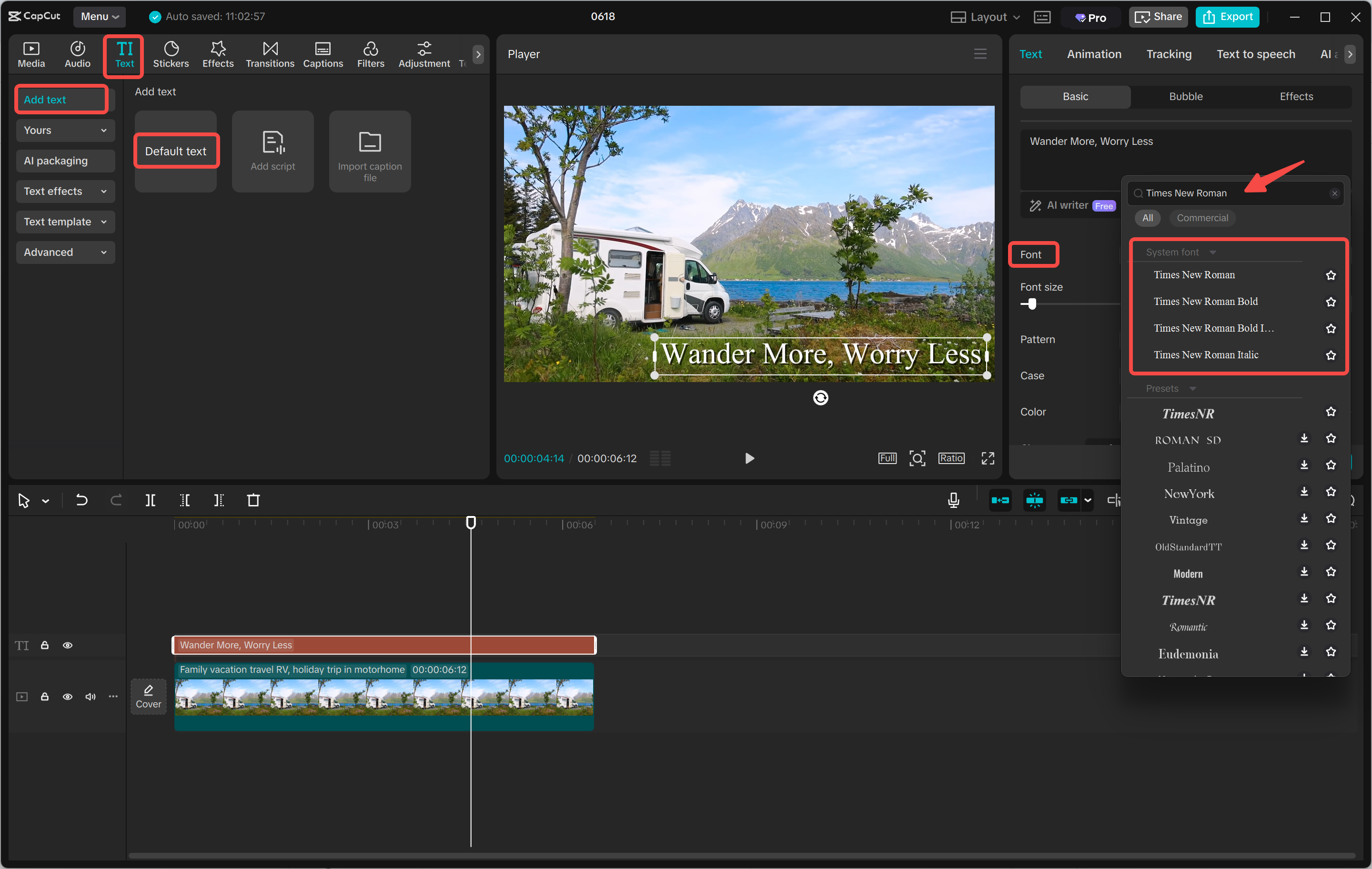 Adding text and selecting a font in the CapCut desktop video editor