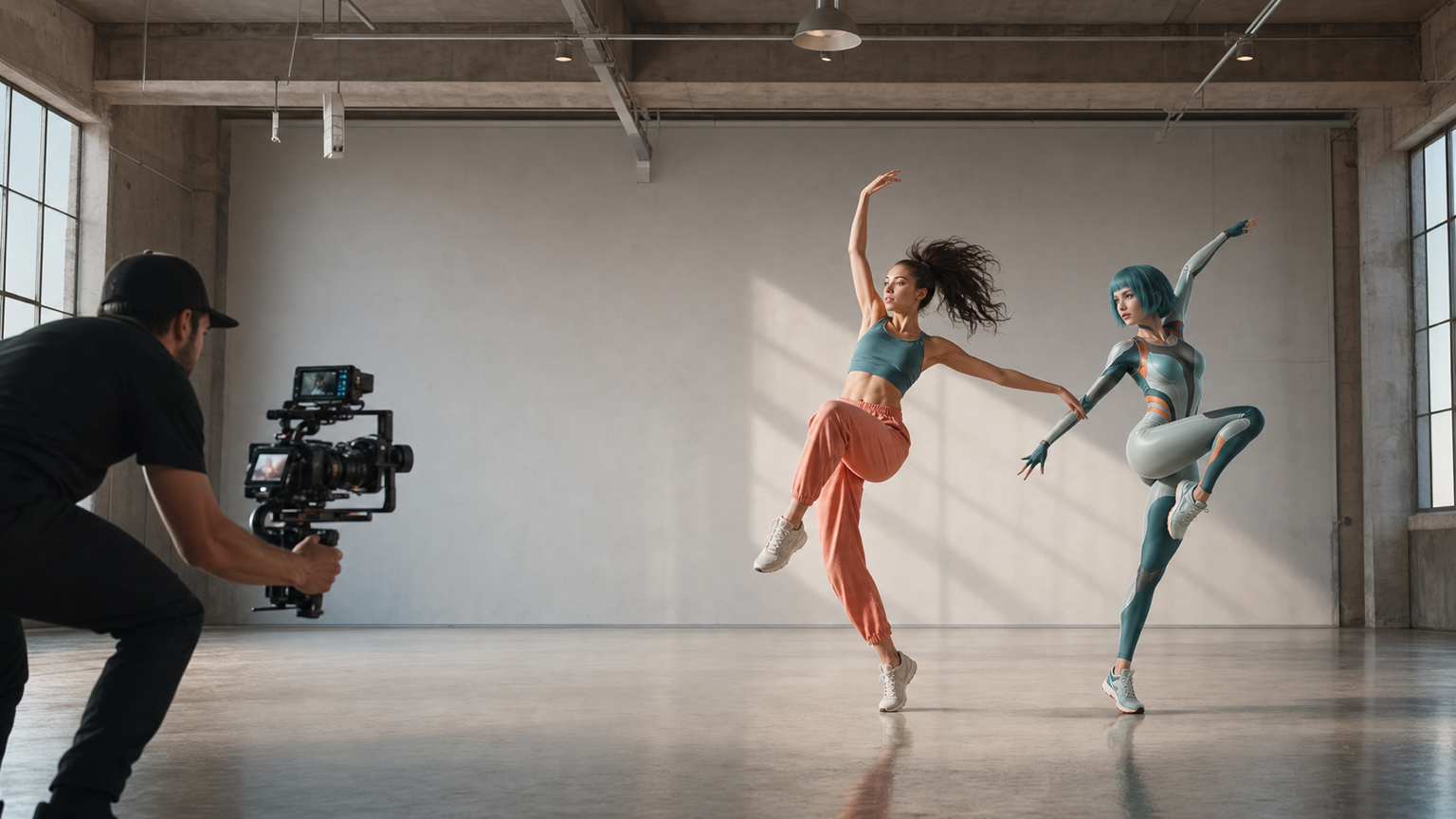 Adult dancer and digital character demonstrating AI motion control