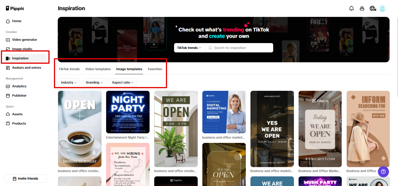Preset templates in Pippit