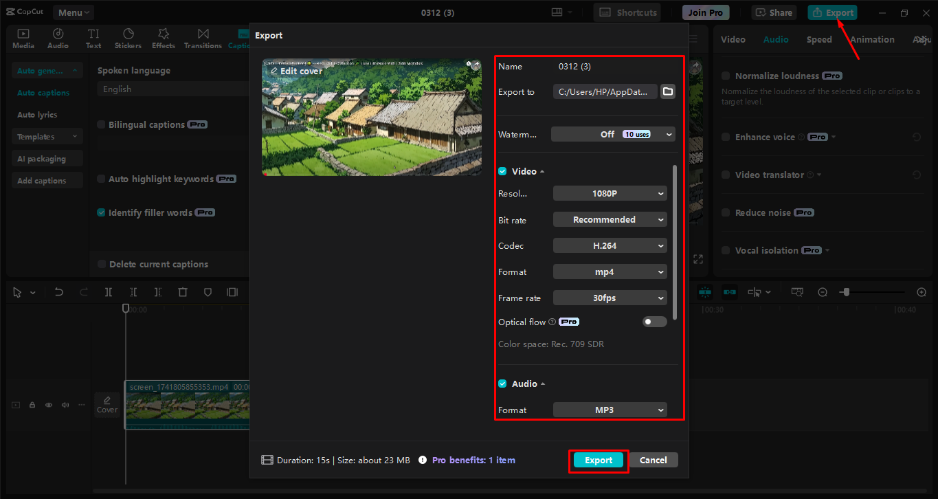 Exporting media from CapCut desktop video editor