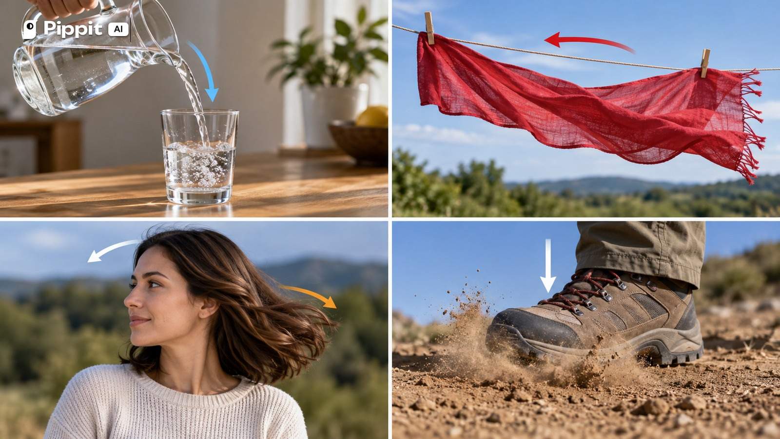 Four panels show water pouring, a clipped scarf in wind, hair following a head turn, and dust rising after a boot impact.