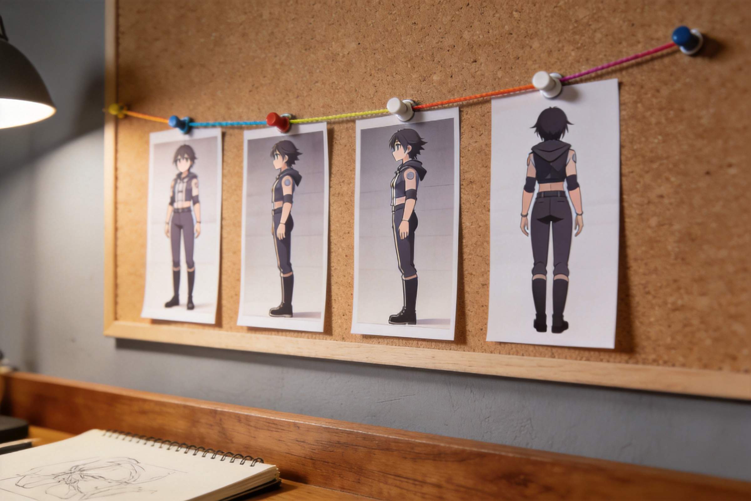 Anime character turnaround sheets pinned to a corkboard with a colorful string